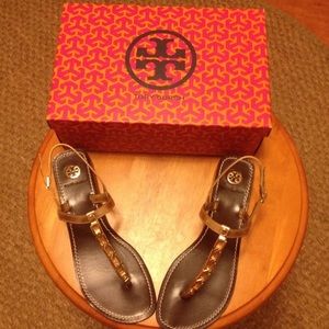 TORY BURCH Gold Chain Thong Low Wedge Sandals 9M